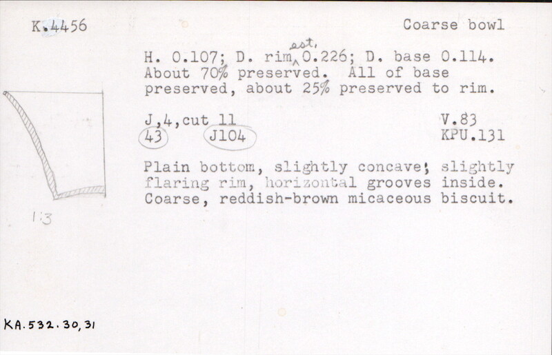 Index card with typed and handwritten information, sometimes including a sketch, of pottery from an excavation.