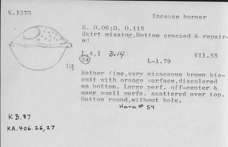 Index card with typed and handwritten information, sometimes including a sketch, of pottery from an excavation.
