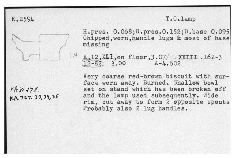Index card with typed and handwritten information, sometimes including a sketch, of pottery from an excavation.