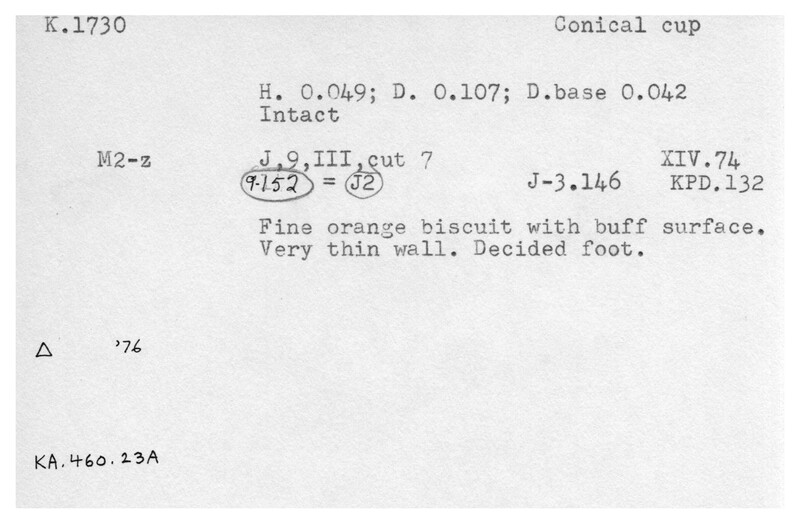 Index card with typed and handwritten information, sometimes including a sketch, of pottery from an excavation.