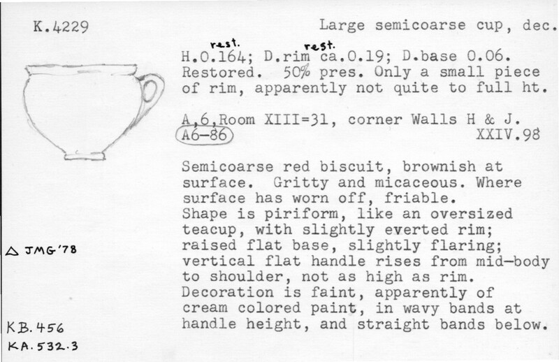 Index card with typed and handwritten information, sometimes including a sketch, of pottery from an excavation.