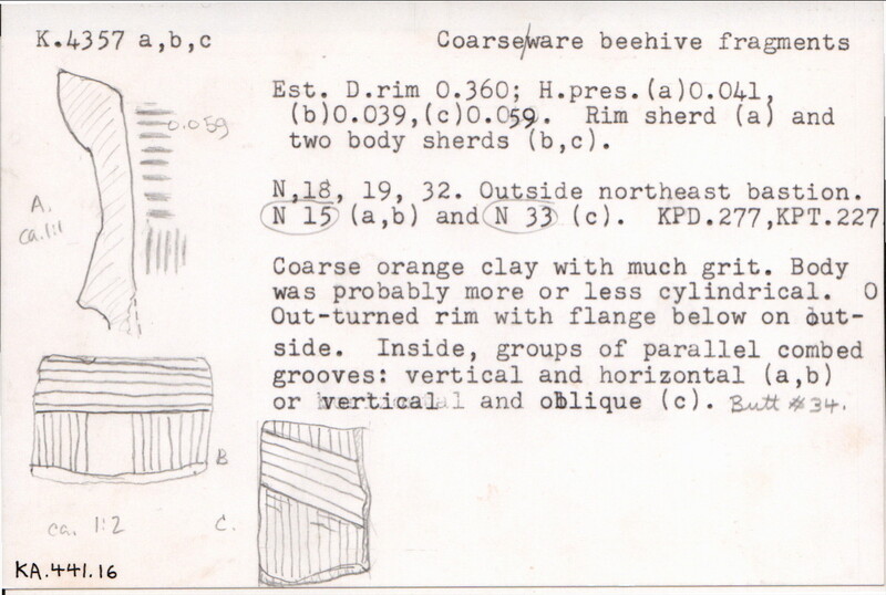 Index card with typed and handwritten information, sometimes including a sketch, of pottery from an excavation.