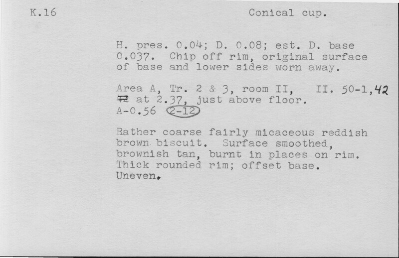 Index card with typed and handwritten information, sometimes including a sketch, of pottery from an excavation.