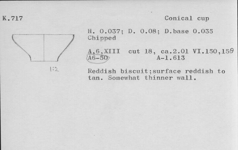 Index card with typed and handwritten information, sometimes including a sketch, of pottery from an excavation.