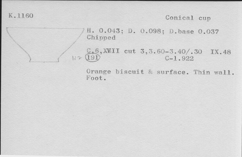 Index card with typed and handwritten information, sometimes including a sketch, of pottery from an excavation.