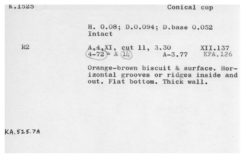 Index card with typed and handwritten information, sometimes including a sketch, of pottery from an excavation.
