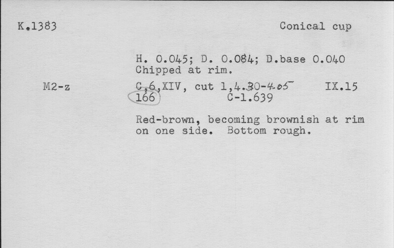 Index card with typed and handwritten information, sometimes including a sketch, of pottery from an excavation.