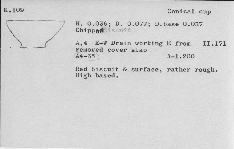 Index card with typed and handwritten information, sometimes including a sketch, of pottery from an excavation.
