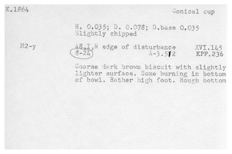 Index card with typed and handwritten information, sometimes including a sketch, of pottery from an excavation.