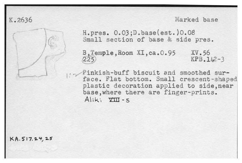 Index card with typed and handwritten information, sometimes including a sketch, of pottery from an excavation.