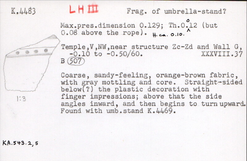 Index card with typed and handwritten information, sometimes including a sketch, of pottery from an excavation.