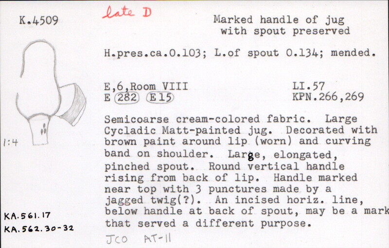 Index card with typed and handwritten information, sometimes including a sketch, of pottery from an excavation.