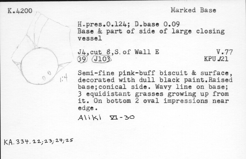 Index card with typed and handwritten information, sometimes including a sketch, of pottery from an excavation.