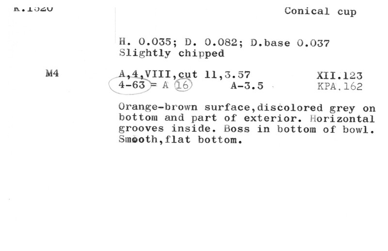 Index card with typed and handwritten information, sometimes including a sketch, of pottery from an excavation.