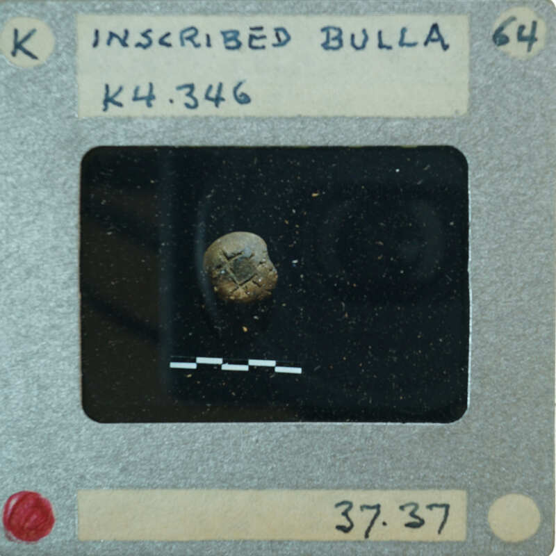 A close-up photograph of a small, round object with an inscription on it, displayed on a film strip.