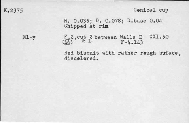Index card with typed and handwritten information, sometimes including a sketch, of pottery from an excavation.