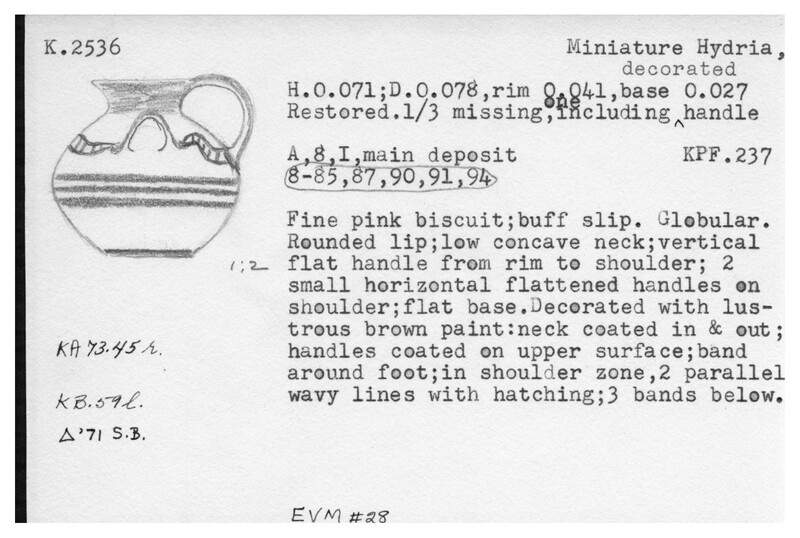 Index card with typed and handwritten information, sometimes including a sketch, of pottery from an excavation.