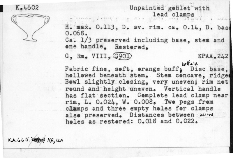Index card with typed and handwritten information, sometimes including a sketch, of pottery from an excavation.