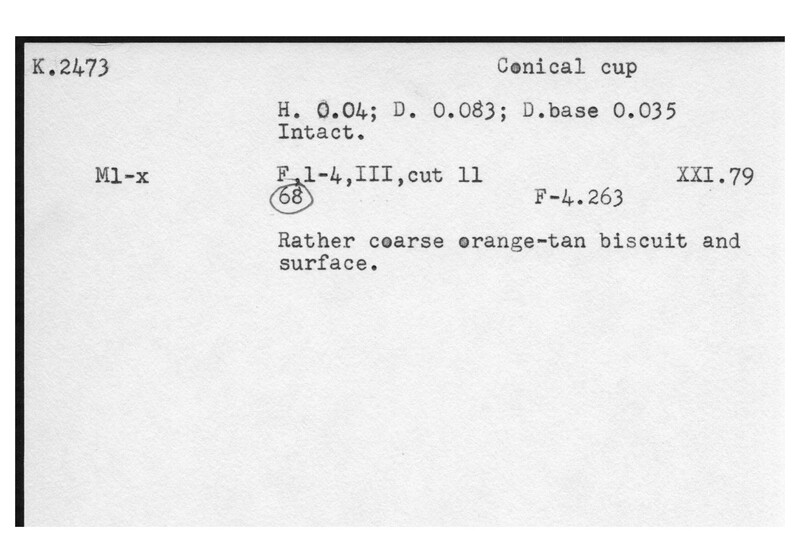Index card with typed and handwritten information, sometimes including a sketch, of pottery from an excavation.
