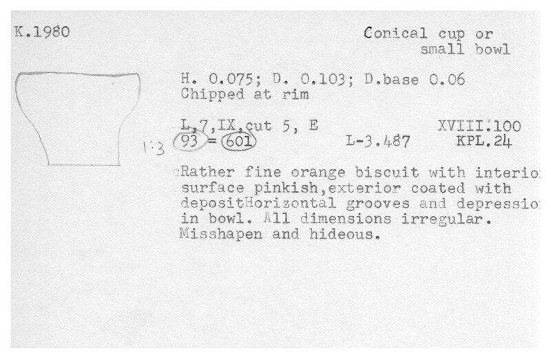 Index card with typed and handwritten information, sometimes including a sketch, of pottery from an excavation.