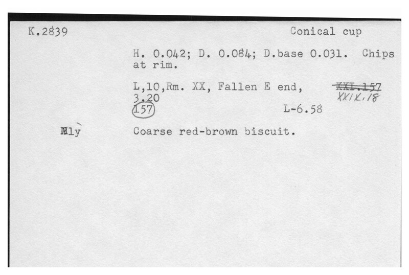Index card with typed and handwritten information, sometimes including a sketch, of pottery from an excavation.