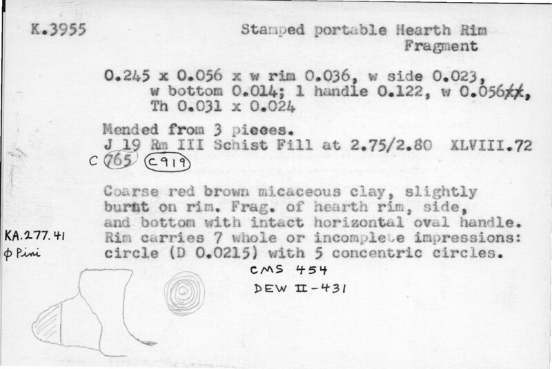 Index card with typed and handwritten information, sometimes including a sketch, of pottery from an excavation.