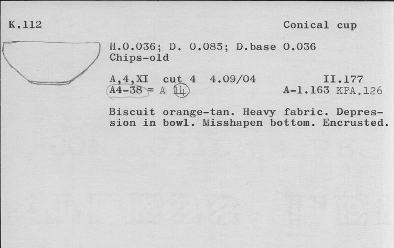 Index card with typed and handwritten information, sometimes including a sketch, of pottery from an excavation.
