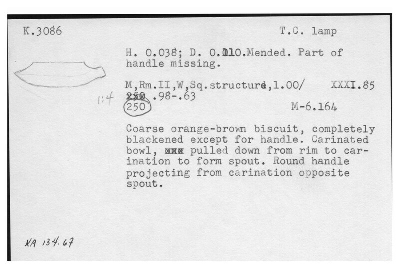 Index card with typed and handwritten information, sometimes including a sketch, of pottery from an excavation.