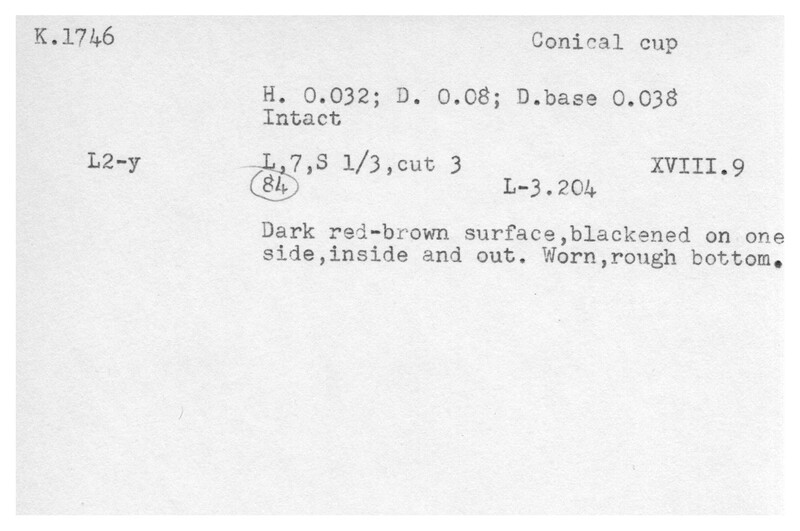 Index card with typed and handwritten information, sometimes including a sketch, of pottery from an excavation.