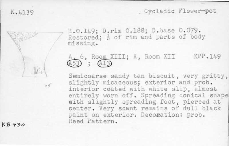 Index card with typed and handwritten information, sometimes including a sketch, of pottery from an excavation.