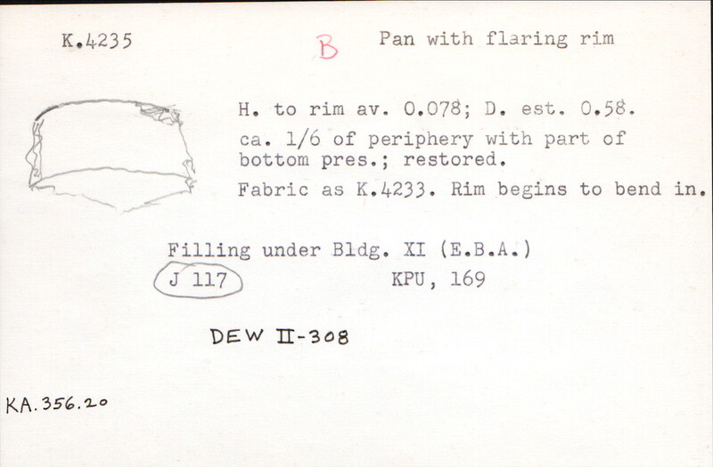 Index card with typed and handwritten information, sometimes including a sketch, of pottery from an excavation.