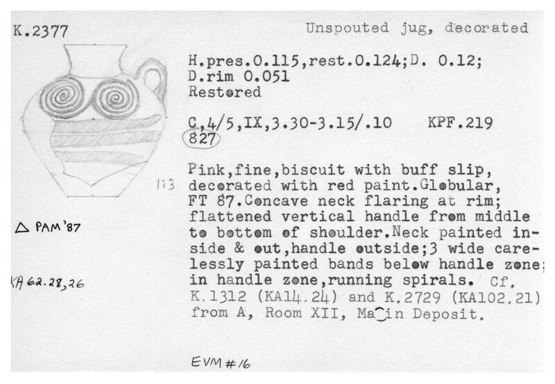 Index card with typed and handwritten information, sometimes including a sketch, of pottery from an excavation.