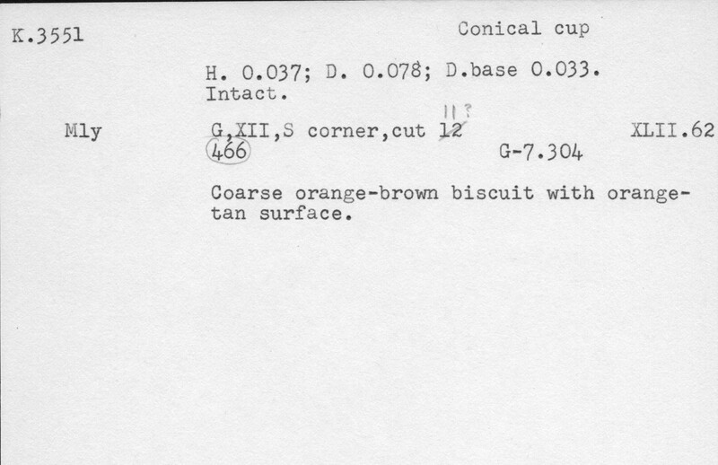 Index card with typed and handwritten information, sometimes including a sketch, of pottery from an excavation.
