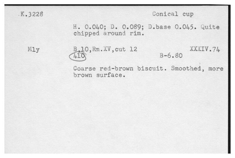 Index card with typed and handwritten information, sometimes including a sketch, of pottery from an excavation.