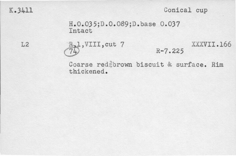 Index card with typed and handwritten information, sometimes including a sketch, of pottery from an excavation.