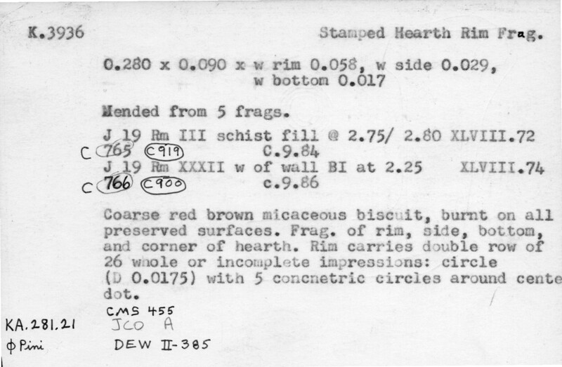 Index card with typed and handwritten information, sometimes including a sketch, of pottery from an excavation.