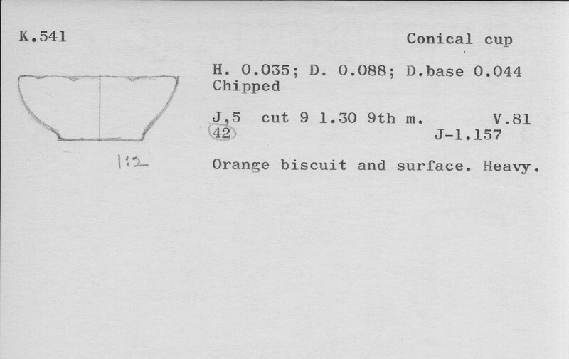 Index card with typed and handwritten information, sometimes including a sketch, of pottery from an excavation.