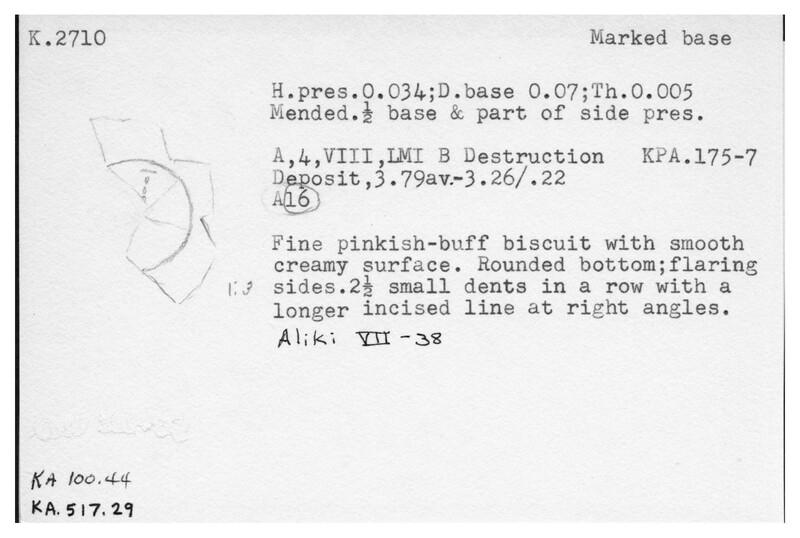 Index card with typed and handwritten information, sometimes including a sketch, of pottery from an excavation.