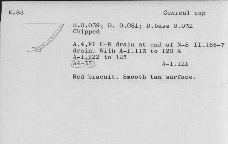 Index card with typed and handwritten information, sometimes including a sketch, of pottery from an excavation.