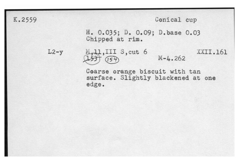 Index card with typed and handwritten information, sometimes including a sketch, of pottery from an excavation.