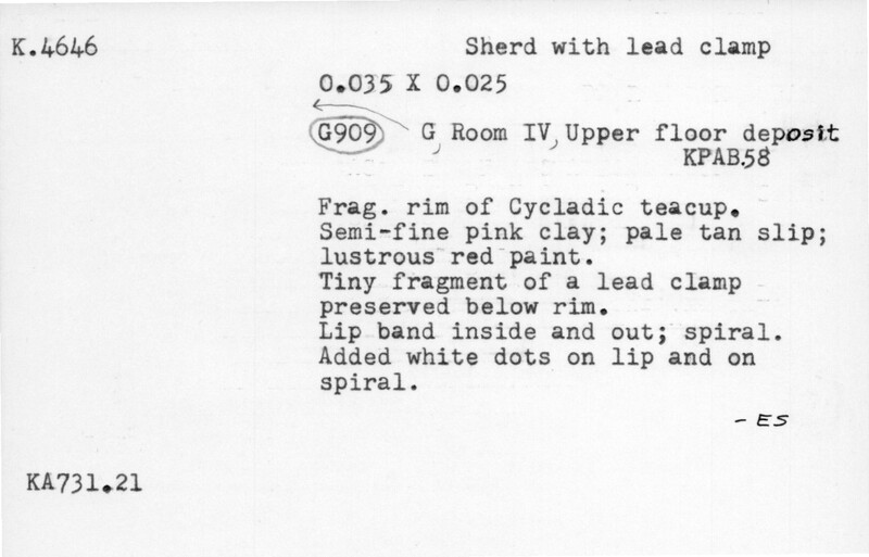 Index card with typed and handwritten information, sometimes including a sketch, of pottery from an excavation.