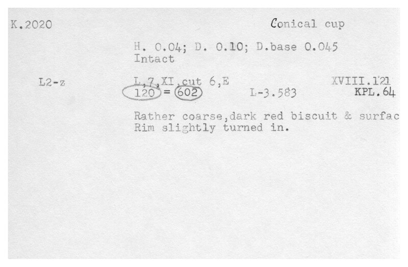 Index card with typed and handwritten information, sometimes including a sketch, of pottery from an excavation.