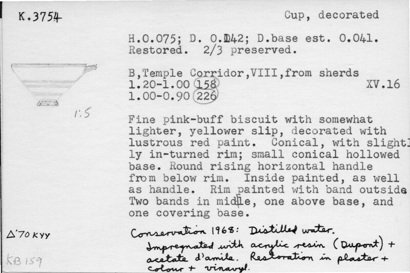 Index card with typed and handwritten information, sometimes including a sketch, of pottery from an excavation.