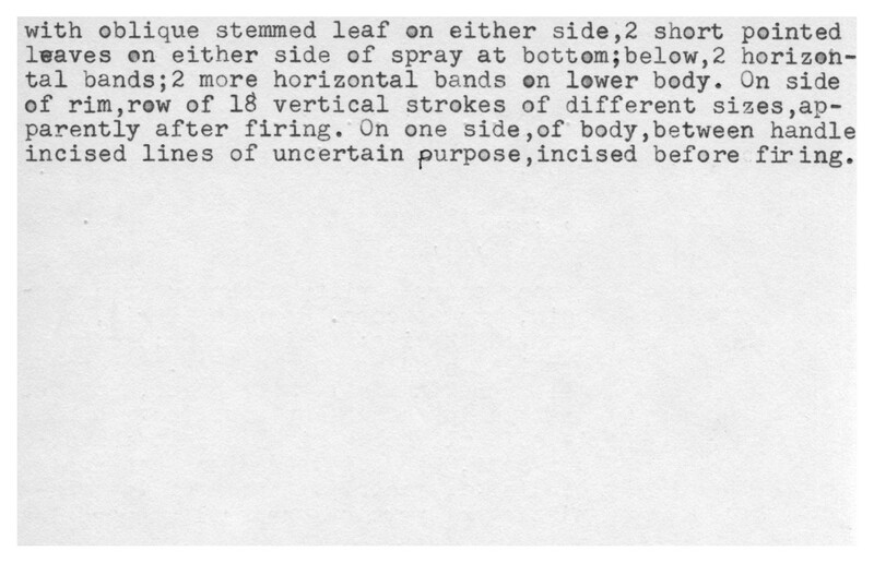 Index card with typed and handwritten information, sometimes including a sketch, of pottery from an excavation.