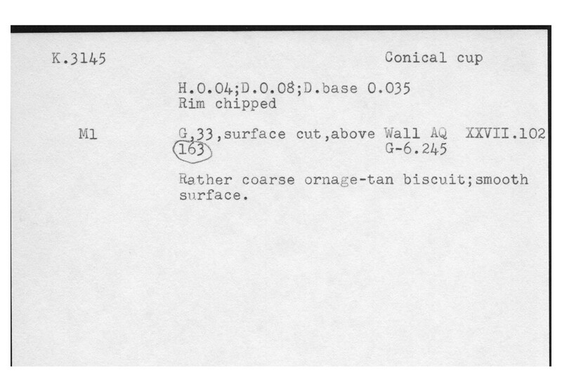 Index card with typed and handwritten information, sometimes including a sketch, of pottery from an excavation.