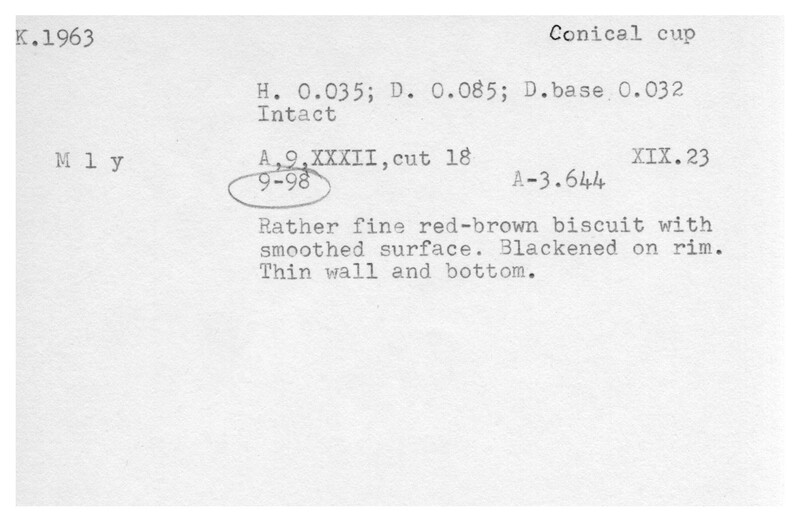 Index card with typed and handwritten information, sometimes including a sketch, of pottery from an excavation.