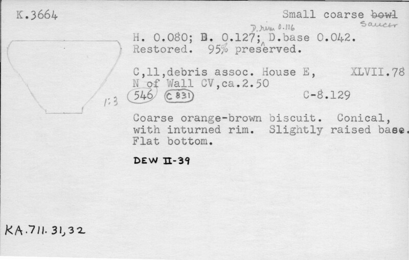Index card with typed and handwritten information, sometimes including a sketch, of pottery from an excavation.