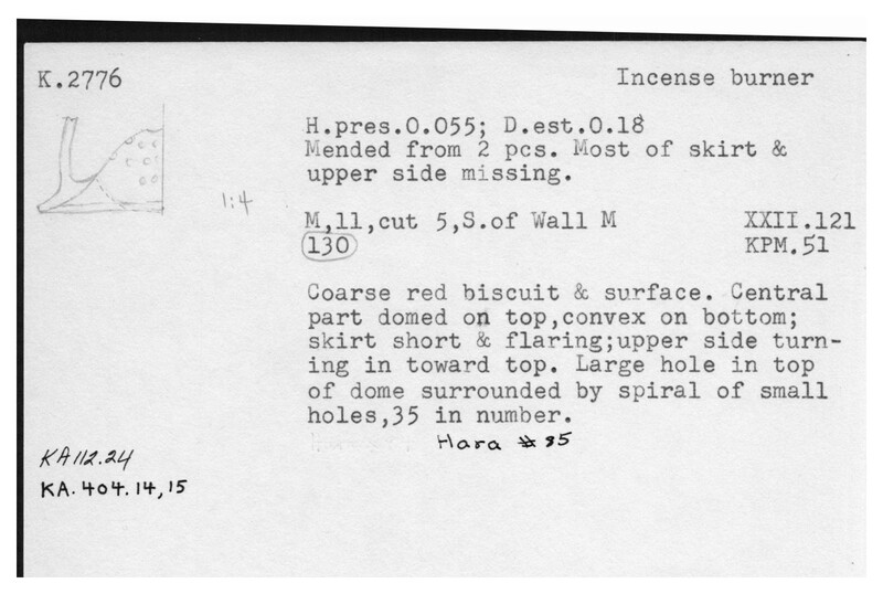 Index card with typed and handwritten information, sometimes including a sketch, of pottery from an excavation.
