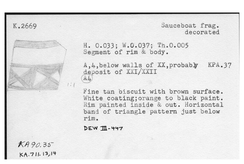 Index card with typed and handwritten information, sometimes including a sketch, of pottery from an excavation.
