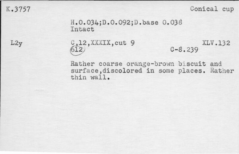 Index card with typed and handwritten information, sometimes including a sketch, of pottery from an excavation.